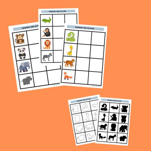 Animals shadow and outline printable worksheet