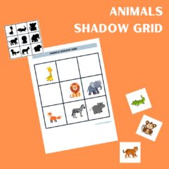 Animals shadow grid printable activity worksheet for kids