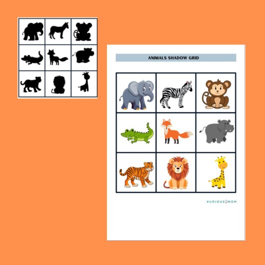 Animals shadow grid printable activity worksheet for kids