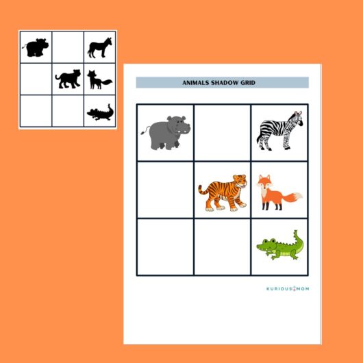 Animals shadow grid printable activity worksheet for kids