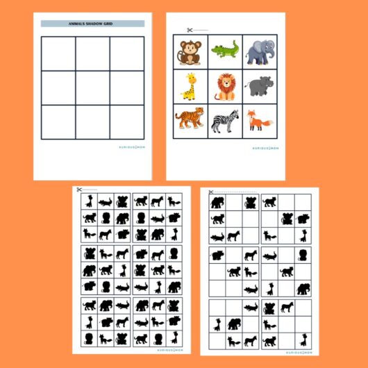 Animals shadow grid printable activity worksheet for kids