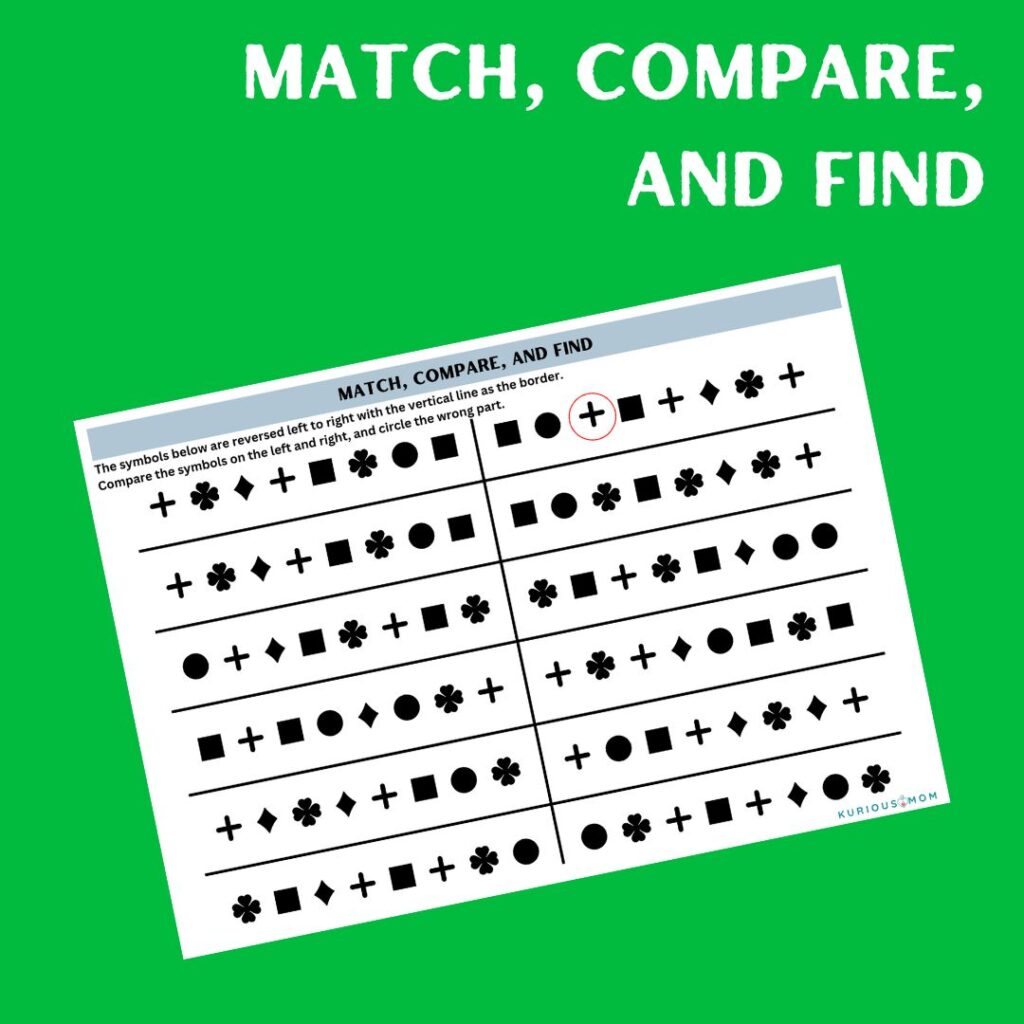 Match Sort Compare Match, Compare, and Find Activity printable worksheet - KuriousMom Shop