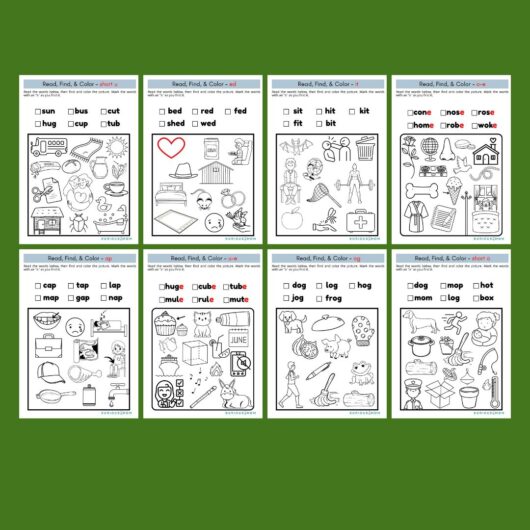 Read Find Color phonics worksheet for kids