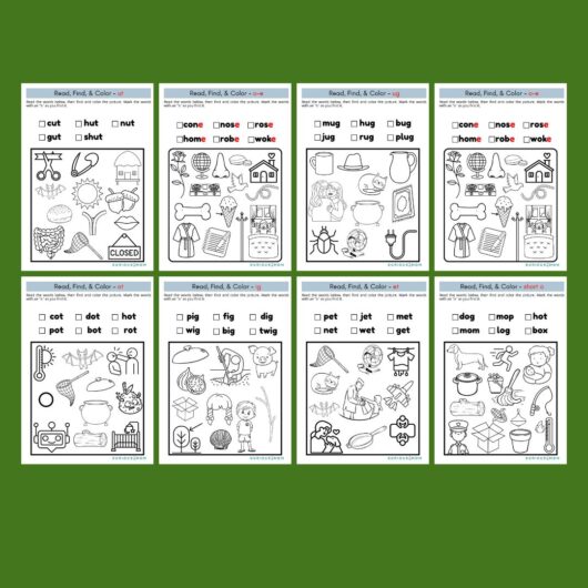 Read Find Color phonics worksheet for kids